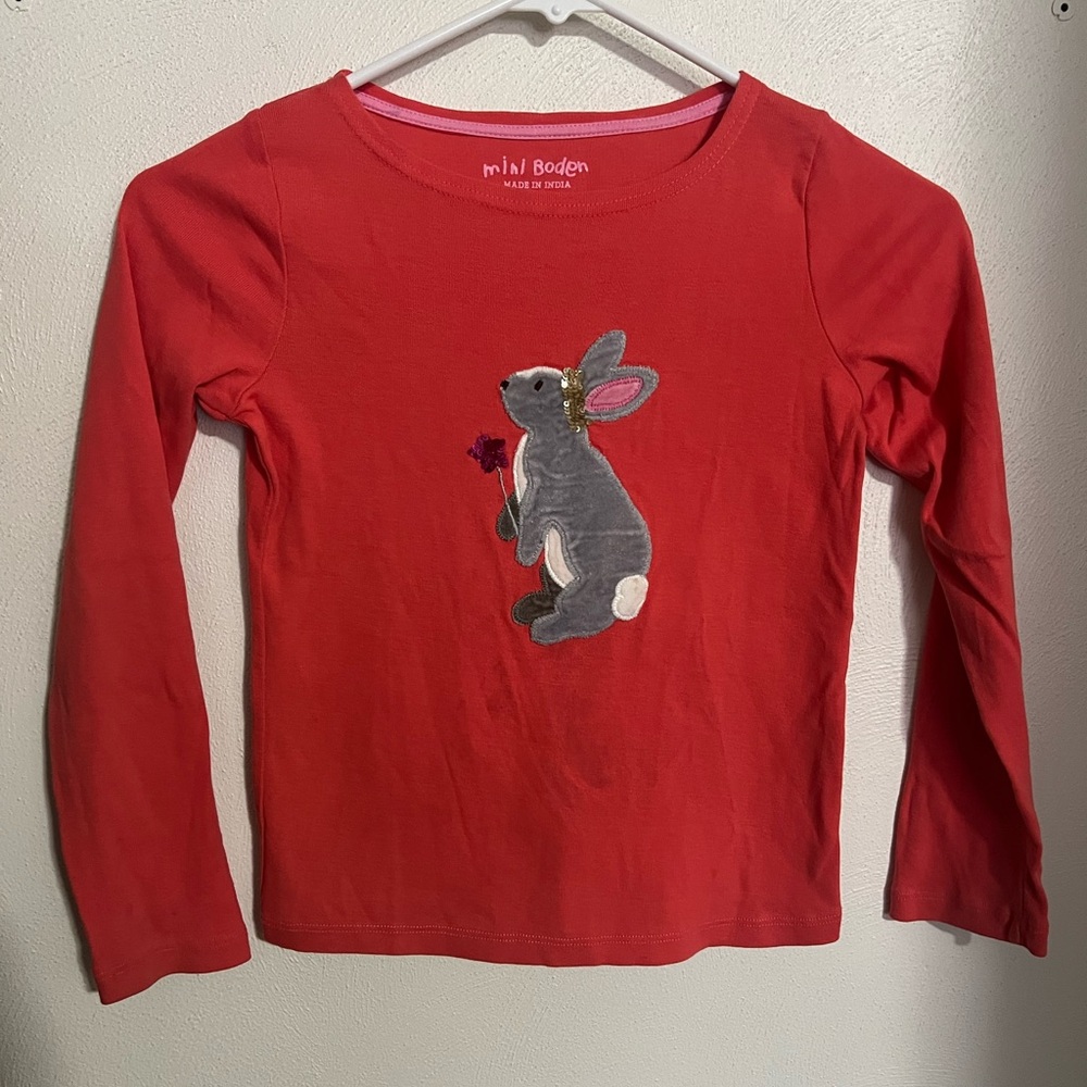 MINI BODEN Classic Long Sleeve T shirt with Grey Easter‎ Bunny Applique Girls 7